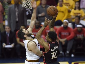 Toronto Raptors guard DeMar DeRozan shoots as Cleveland Cavaliers forward Kevin Love defends during first half Eastern Conference final NBA playoff basketball action in Cleveland on Wednesday, May 25, 2016. He may be an Olympic gold medallist, an NBA all-star, and the face of the Toronto Raptors, but DeMar DeRozan has never experienced anything like the outpouring of support he's received since speaking publicly about his ongoing struggle with depression. Inspired by DeRozan’s comments, fellow NBA all-star Love published an intimate and engaging essay in The Players’ Tribune outlining his own mental health challenges including an in-game panic attack.