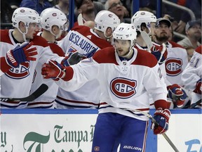 The Canadiens have collected four of a possible 10 points in the first five games of their road trip, including one point Saturday after dropping a 3-2 shootout decision to the Lightning. Above:  Alex Galchenyuk celebrates after scoring in the second period on Saturday.