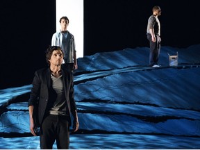 Maxime Denommée (from left), Félix-Antoine Duval and Alexandre Goyette play three brothers trapped in a no man's land in the 20th-anniversary production of Michel Marc Bouchard's Le Chemin des Passes-Dangereuses, playing at Théâtre Jean-Duceppe. (Handout photo / Caroline Laberge)