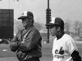 Expos' Rusty Staub, left, and Marv Staehle before the team's home opener against the St. Louis Cardinals at Jarry Park on April 8, 1970 in Montreal.