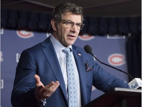 Montreal Canadiens general manager Marc Bergevin speaks to the media after the NHL trade deadline on Feb. 26, 2018, in Montreal.