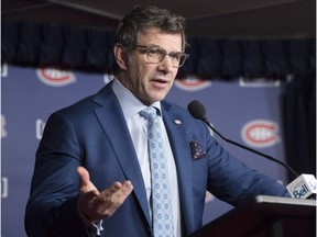 Montreal Canadiens general manager Marc Bergevin speaks to the media after the NHL trade deadline on Feb. 26, 2018, in Montreal.
