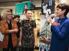 MMFA foundation director Danielle Champagne gives a moving intro to Heidi Hollinger, centre, while proud publisher Judith Landry of Les Éditions de l'Homme looks on.