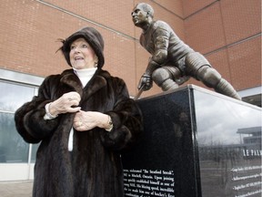 Marlene Geoffrion, daughter of Howie Morenz and widow of Habs legend Bernie (Boom Boom) Geoffrion stands beside a sculpture of her father at the inauguration of the Canadiens' Centennial Plaza on Dec. 4, 2008. Marlene Geoffrion died on March 2 at age 84.