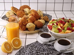 BREAKFAST - ORANGE JUICE, CUP OF COFFEE, MUFFINS, FRUIT SALAD