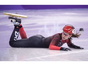 Canada's Jamie MacDonald falls during the women's 500 metre heats at the 2018 Winter Olympics in Gangneung, South Korea, on Feb. 10, 2018.