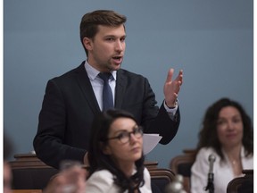 Québec Solidaire MNA Gabriel Nadeau Dubois questions the government on June 16, 2017, at the legislature in Quebec City.