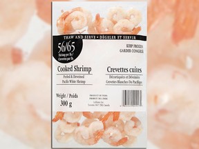 The Canadian Food Inspection Agency says the recalled shrimp was sold in 300-gram packages containing 56-65 shrimp per pound.