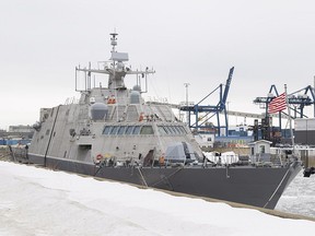 The USS Little Rock is shown moored in Montreal's old port, Sunday, January 21, 2018. A newly commissioned Navy warship will be wintering in Montreal after its journey to Florida was interrupted by cold and ice.