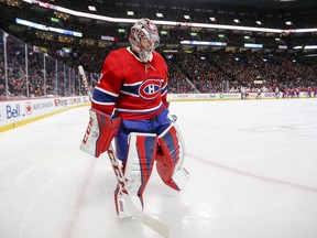 Canadiens goalie Carey Price skates out of his net during a break in action of a game against the New York Islanders at the Bell Centre in Montreal on Jan. 15, 2018.