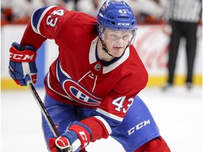 Montreal Canadiens' Daniel Carr pursues the puck against the New York Islanders in Montreal on January 15, 2018.