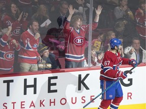 Montreal Canadiens' Max Pacioretty celebrates his goal on Boston Bruins goaltender Tuukka Rask during second period NHL hockey action at the Bell Centre in Montreal on Jan. 20, 2018.