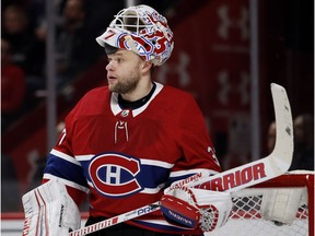 Montreal Canadiens goaltender Antti Niemi waits for play to resume during a break against the New York Rangers in Montreal on Feb. 22, 2018.