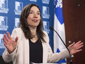 Martine Ouellet is seen addressing a news conference in March 2017, when she was a candidate for the leadership of the Bloc Québécois.