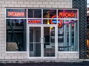 Rowan McKenzie's tattoo  shop on St-Jean Blvd. in Pierrefonds is seen on March 28, 2018. It has since closed.