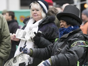 "The people who are the most vulnerable will be hurt," Cathy Inouye, a community organizer at Project Genesis, said of welfare program changes protested at a demonstration in downtown Montreal on Tuesday, April 3, 2018. (Pierre Obendrauf / MONTREAL GAZETTE)