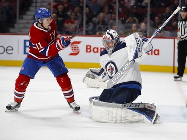 Montreal Canadiens right wing Brendan Gallagher reacts as Winnipeg Jets goaltender Steve Mason makes a blocker save during NHL action in Montreal on Tuesday April 3, 2018.