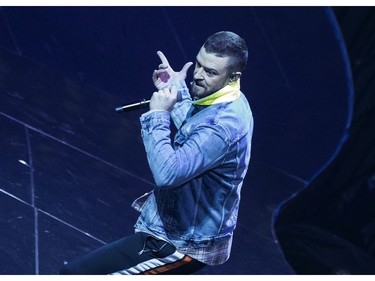 Justin Timberlake performs at the Bell Centre in Montreal on Sunday, April 8, 2018.
