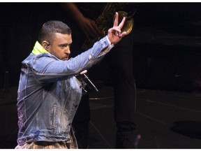 Justin Timberlake performs at the Bell Centre in Montreal on Sunday, April 8, 2018.