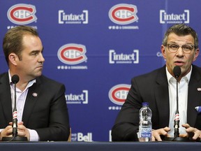 Montreal Canadiens owner and team president Geoff Molson, left, and general manager Marc Bergevin meet the media to discuss their season at the Bell Sports Complex in Brossard on April 9, 2018.