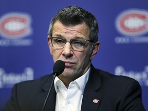 Canadiens general manager Marc Bergevin meets the media at the team’s Brossard training complex on April 9, 2018, after failing to make the playoffs and finishing 28th out of 31 teams in the overall NHL standings.