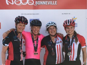 Jaime Sochasky-Livingston, far right, with friends and fellow active moms (left to right) Wendy Hunt, Kelly Christie and Corinna Wilson, after completing a 102-km cycle.