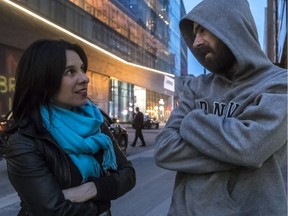 Mayor Valérie Plante chats with homeless Montrealer Simon near the Bell Centre in Montreal, on Tuesday, April 24, 2018 during the I Count Montreal 2018 survey.