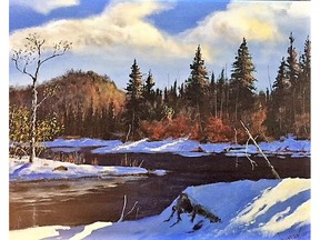 A painting by Wayne Larsen of the North River in Val David, near his home.
