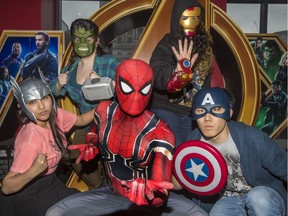 Alyssia Duval (Thor), Marjorie B (Hulk), Spiderman, aka Spider_Inferno on social media, Karine (Iron Man) and Steven Lee (Captain America), left to right, dressed up for opening night of Avengers: Infinity War at the Scotiabank Theatre in Montreal on Thursday, April 26, 2018.