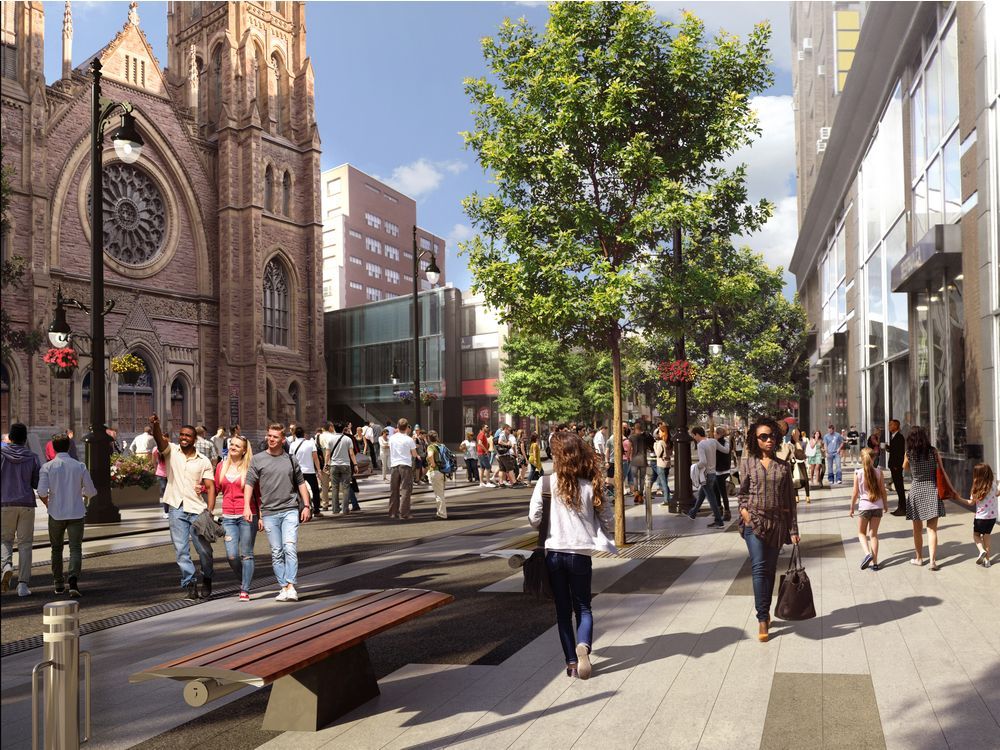 Ste Catherine St. revamp one lane no parking more pedestrian