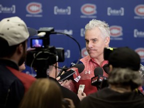 New Canadiens assistant coach Dominique Ducharme meets with the media at the team’s Brossard practice facility on April 27, 2018.