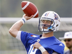 Quarterback Matthew Shiltz throws a pass during Montreal Alouettes training camp at Bishops University in Lennoxville on May 29, 2017.