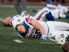 Montreal Alouettes offensive-lineman Matt Vonk, taking part in the pregame warmup at Molson Stadium on Aug. 24, 2017, was released by the club on Tuesday.