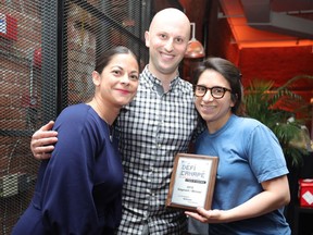 Event committee co-chair Tina Khan with the Défi Canapé winners, Sumac’s David Bloom and Raquel Zagury, at the Batshaw Centres Foundation's annual Défi Canapé fundraiser.