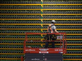 A technician inspects the backside of bitcoin mining at Bitfarms in St-Hyacinthe on March 19, 2018. Bitcoin is a cryptocurrency and worldwide payment system. It is the first decentralized digital currency, as the system works based on the blockchain technology without a central bank or single administrator.