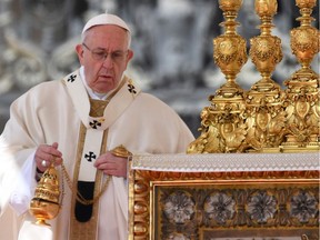 Pope Francis leads a mass on the second Sunday of Easter on April 8, 2018 at St Peter's square in the Vatican.