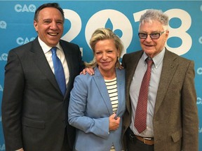 Coalition Avenir Québec leader François Legault, left, TV host Caroline Proulx and her uncle, Gilles Proulx, at the announcement of Caroline Proulx's candidacy in the Berthier riding on Monday, April 30, 2018.