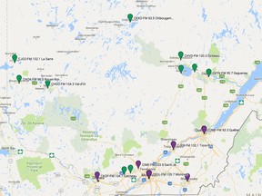 Map of Cogeco Media network (purple) with RNC Media stations being sold (green).