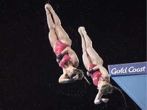 Canada's Meaghan Benfeito, left, and Caeli McKay perform in the women's 10m synchro platform final at the Commonwealth Games on Wednesday, April 11, 2018, in Gold Coast, Australia.