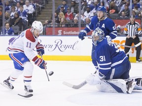 Canadiens' Brendan Gallagher tries to make contact with the puck on Saturday, April 7, 2018, in Toronto against the Maple Leafs.