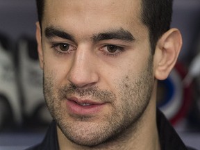 Montreal Canadiens captain Max Pacioretty speaks to reporters in Brossard on Monday, April 9, 2018.