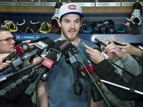 The Canadiens' Andrew Shaw speaks with reporters at the end of 2017-18 NHL season at the team's practice facility in Brossard.
