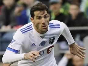 Montreal Impact midfielder Ignacio Piatti drives on the ball against the Sounders on March 31, 2018, in Seattle.