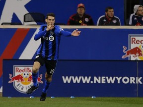 Impact midfielder Ignacio Piatti reacts after scoring his first of two goals against the New York Red Bulls in Harrison, N.J., on Nov. 6, 2016.