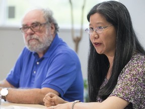 Pierre Hurteau and Amy Ma, both Co-Chair of MUHC User's Committee, during press conference on Thursday May 25, 2017, describing how the institution is under-funded and how this is hurting clinical care.