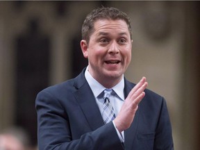 Leader of the Opposition Andrew Scheer rises in the House of Commons in Ottawa on Monday, December 11, 2017.