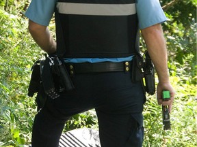 A Montreal police officer has his stun gun drawn while searching for a pit bull-type dog that bit a woman in east-end Montreal on Aug. 13, 2010.