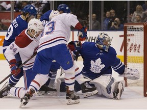 Toronto Maple Leafs goaltender Frederik Andersen allows a goal in second-period action by Canadiens' Daniel Carr (43) at the Air Canada Centre in Toronto on Saturday, April 7, 2018.