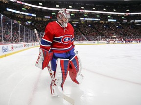 Canadiens goalie Carey Price skates out of his net during break in action in game against the New York Islanders at the Bell Centre in Montreal on Jan. 15, 2018.