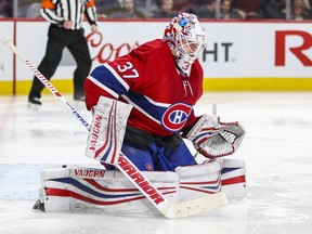 Canadiens goalie Antti Niemi follows the play during NHL game against the Florida Panthers at the Bell Centre in Montreal on March 19, 2018.